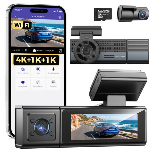 Azdome M500 4K 3 Kameralı Araç İçi Kamera